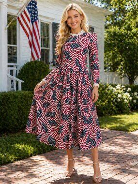 Vintage Handmade American Flag Print MAGA Conservative Midi Dress S